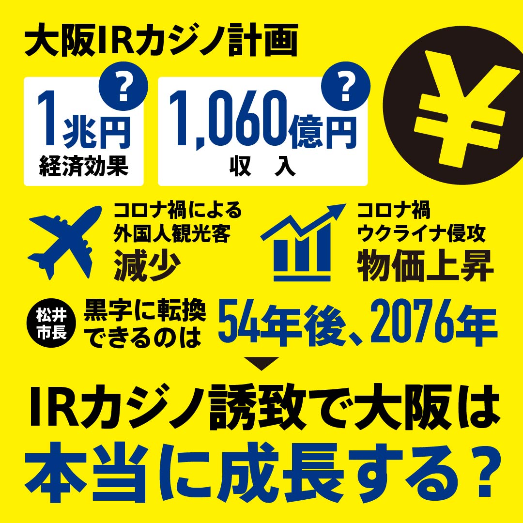 IRカジノ誘致で大阪は本当に成長するのでしょうか？1兆円の経済効果と1,060億円の収入をアピールしていますが、コロナ禍による外国人観光客の減少や国際情勢による物価上昇で、松井市長曰く、黒字転換できるのは54年後の2076年とのことです。
